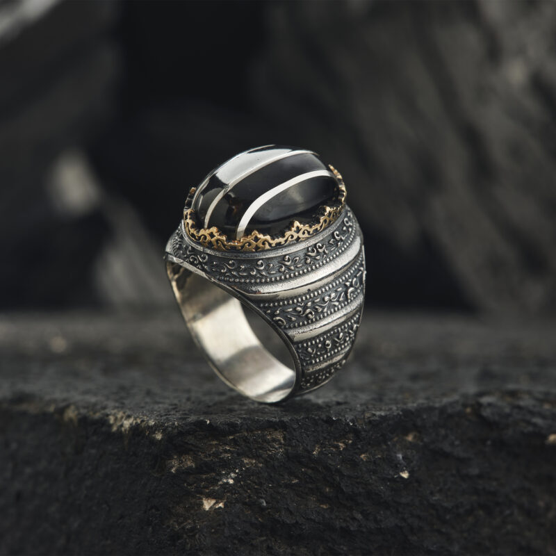 Gümüş Siyah Kakma Taşlı Yüzük