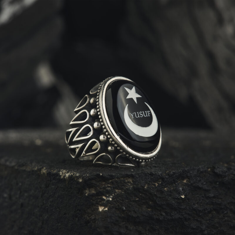 Siyah Akik Taşlı Ayyıldız Yüzük