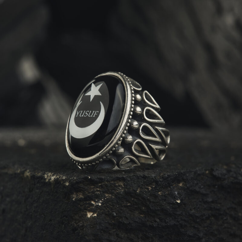 Siyah Akik Taşlı Ayyıldız Yüzük