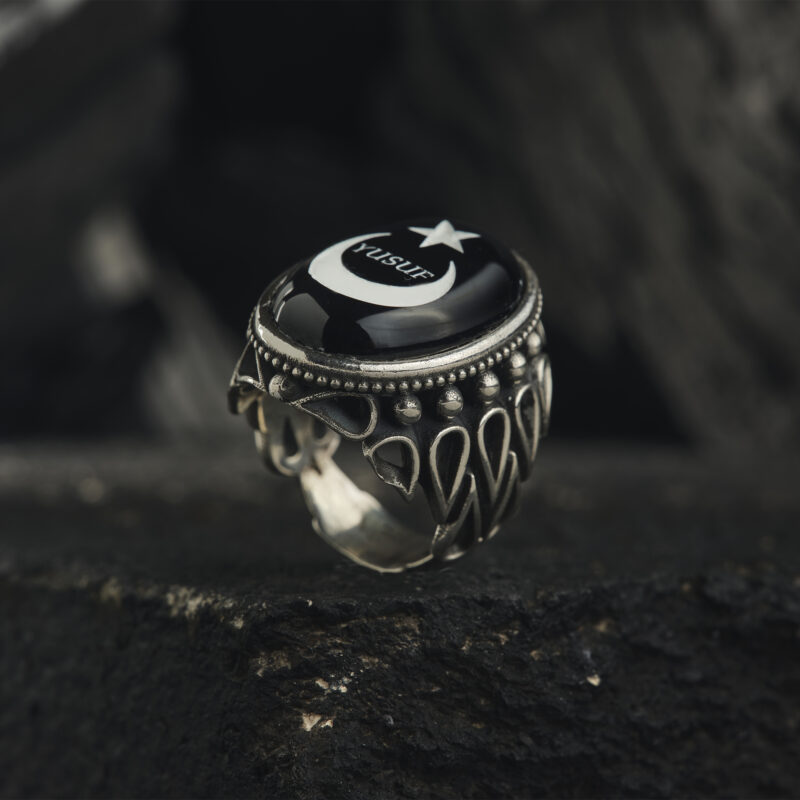 Siyah Akik Taşlı Ayyıldız Yüzük