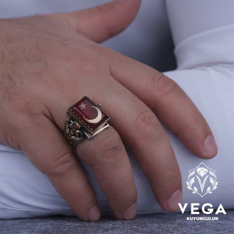 Dikdörtgen Kapaklı Ayyıldız Gümüş Erkek Yüzük