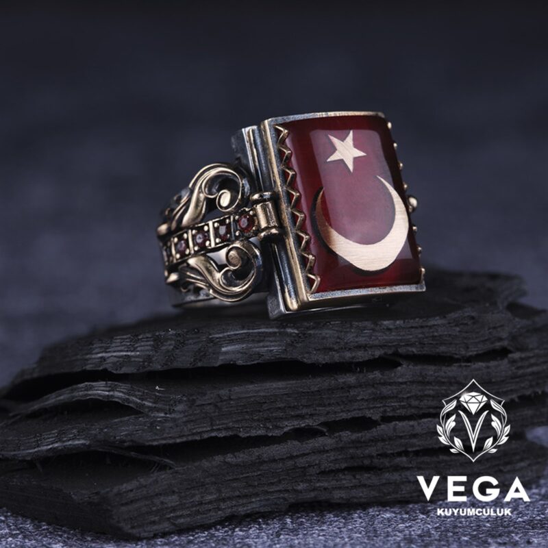 Dikdörtgen Kapaklı Ayyıldız Gümüş Erkek Yüzük