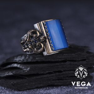 Dikdörtgen Kapaklı Mavi GümüşYüzük