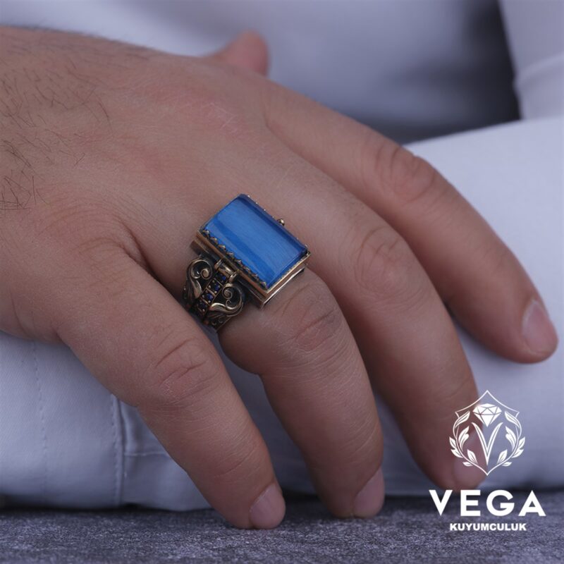 Dikdörtgen Kapaklı Mavi GümüşYüzük