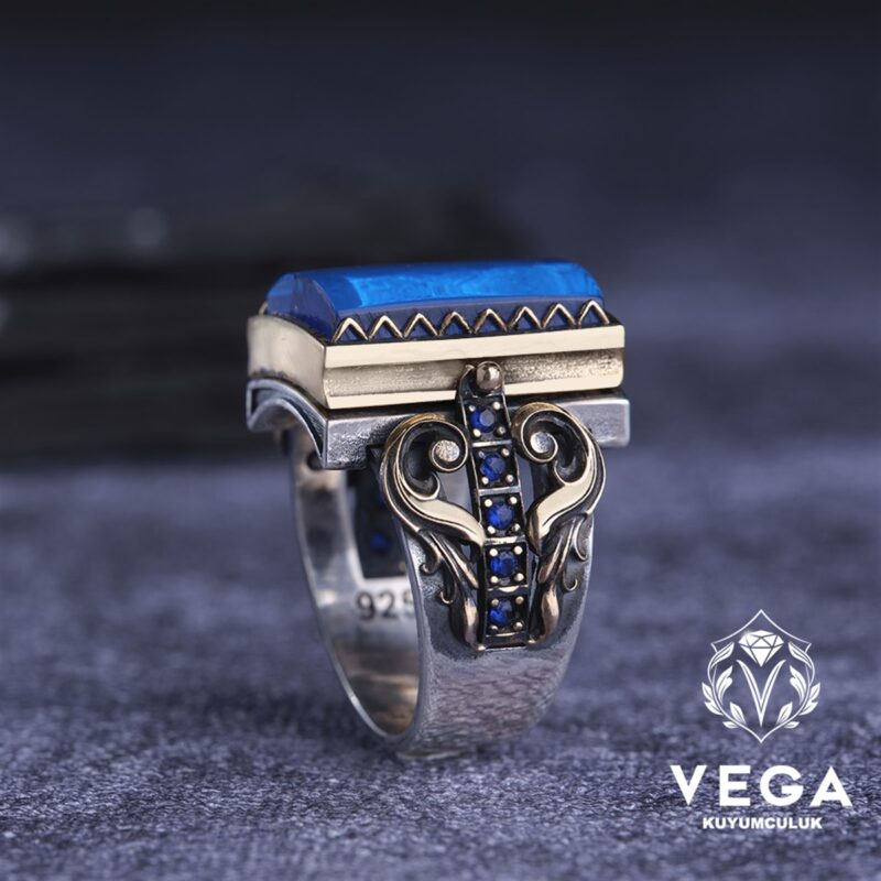 Dikdörtgen Kapaklı Mavi GümüşYüzük