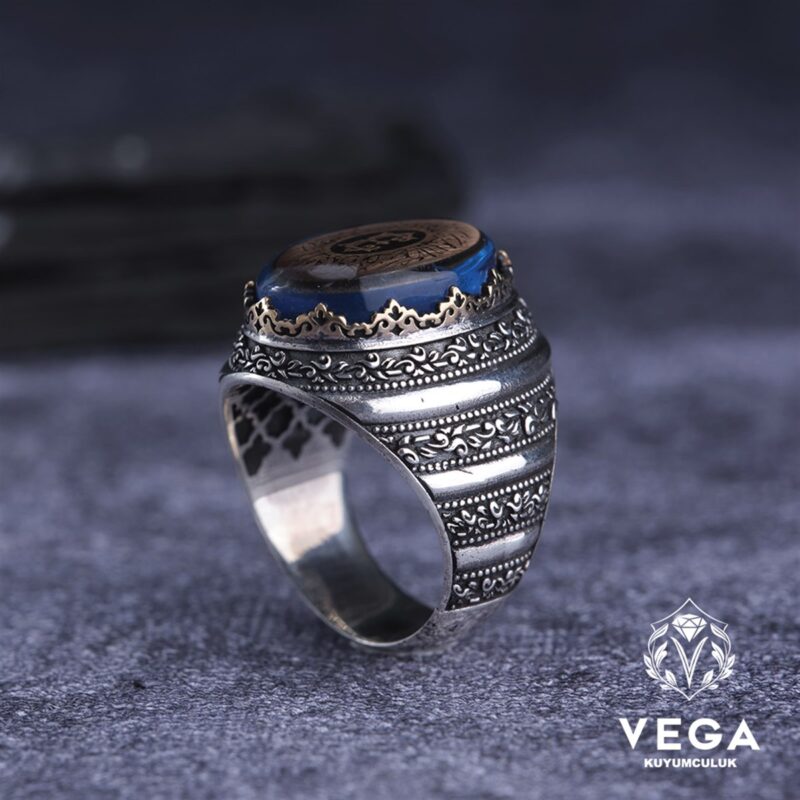 Harfli Mavi Oval Gümüş Erkek Yüzük