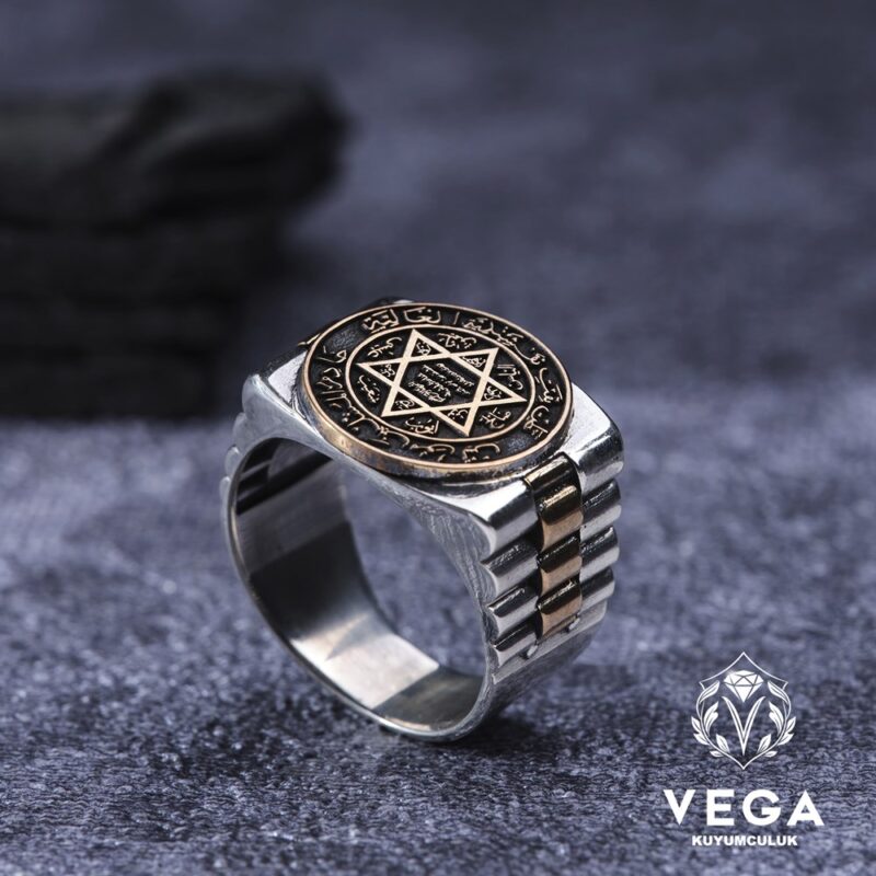 Hz. Süleyman Mührü İşlemeli Rolex Gümüş Erkek Yüzük Modeli