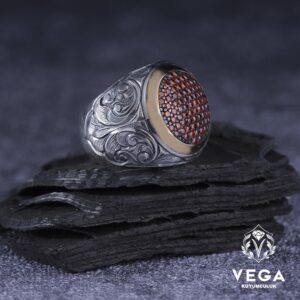 Kırmızı Gravür Gümüş Erkek Yüzük