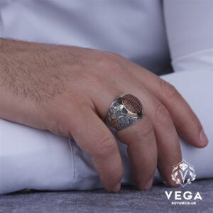 Kırmızı Gravür Gümüş Erkek Yüzük