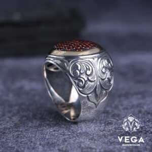 Kırmızı Gravür Gümüş Erkek Yüzük