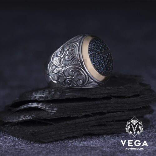 Lacivert Gravür Gümüş Erkek Yüzük