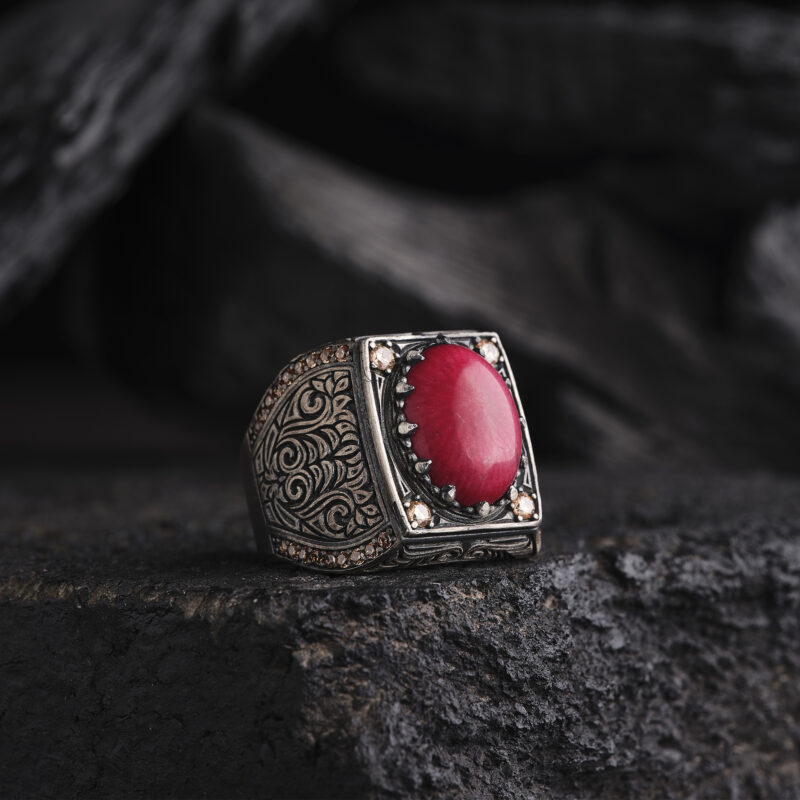 Mercan Taşlı Gravür Yüzük Modeli