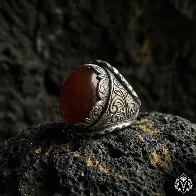 Yemen Akik Taşlı Gravürlü Gümüş Yüzük