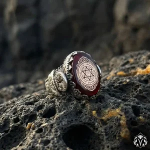 Süleyman Mührü Kırmızı Ateş Kehribarı Taşlı Gümüş Erkek Yüzük