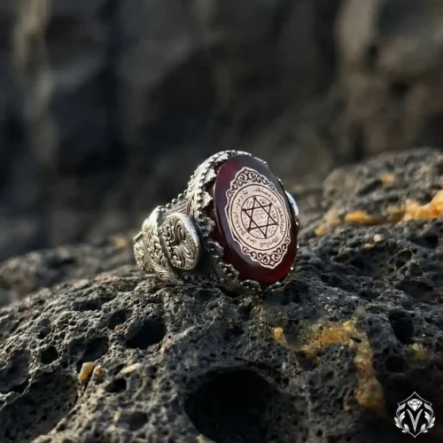 Süleyman Mührü Kırmızı Ateş Kehribarı Taşlı Gümüş Erkek Yüzük