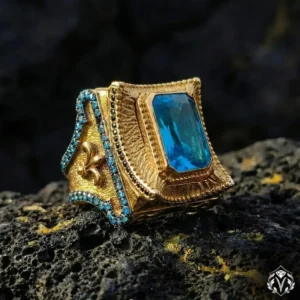 Mavi Taşlı Gold Kaplama Gümüş Yüzük