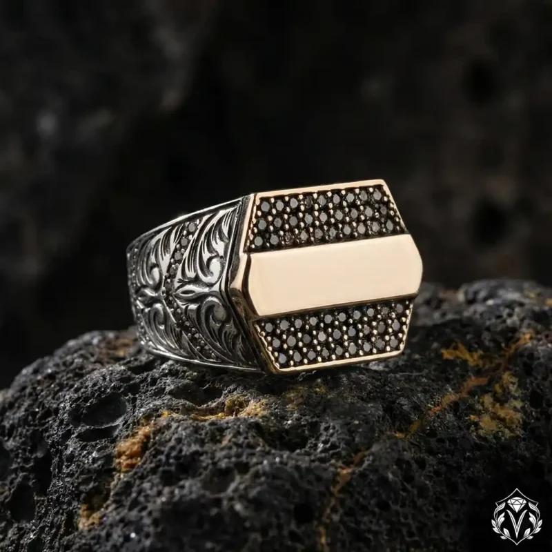 1 Sitrin Taşlı Mikro Taş Detaylı Gümüş Erkek Yüzük