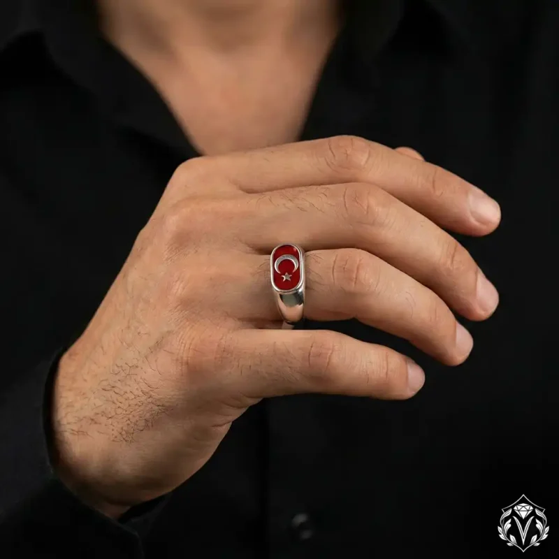 Ay Yıldızlı Sade Tasarım Gümüş Erkek Yüzük