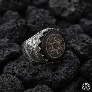 Kehribar Taşlı Süleyman Mührü Gümüş Yüzük