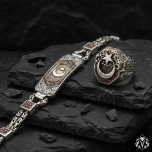 Ay Yıldızlı Gümüş Bileklik ve Yüzük Set