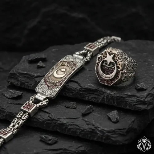 Ay Yıldızlı Gümüş Bileklik ve Yüzük Set