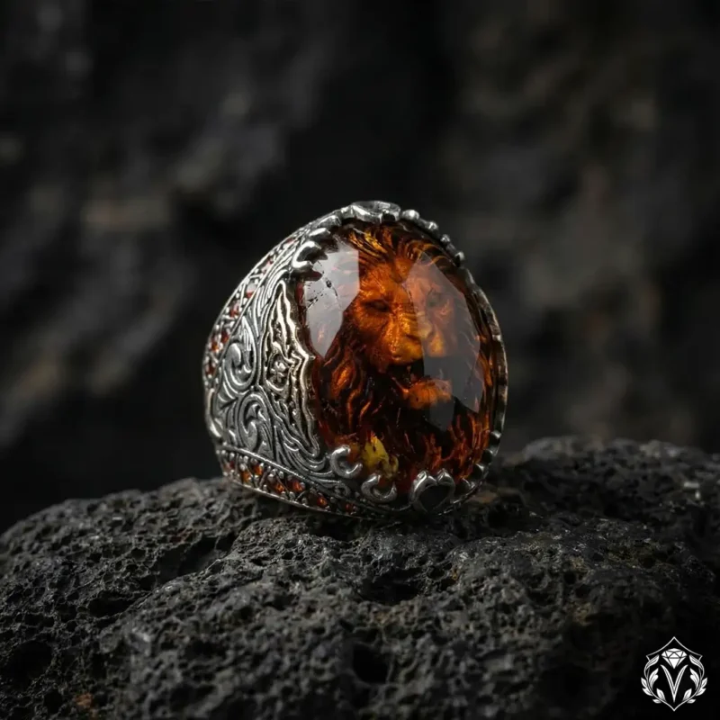 2 Aslan Figürlü Taşlı Gümüş Yüzük