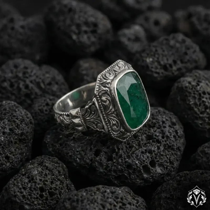 Kök Zümrüt Taşlı El Gravürlü Gümüş Yüzük