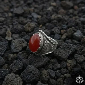 Yemen Akik Taşlı Gravürlü Gümüş Yüzük