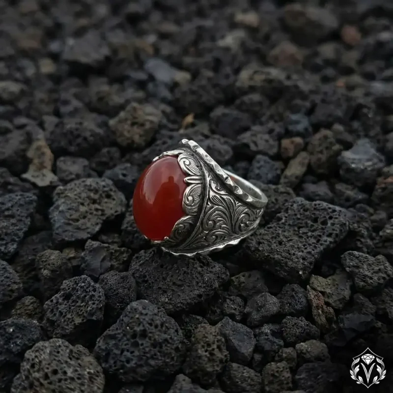 Yemen Akik Taşlı Gravürlü Gümüş Yüzük