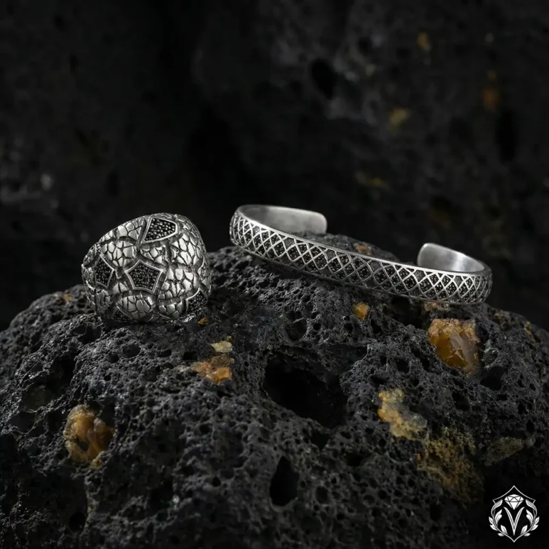 Mikro Taşlı Gümüş Erkek Yüzük ve Bileklik Set