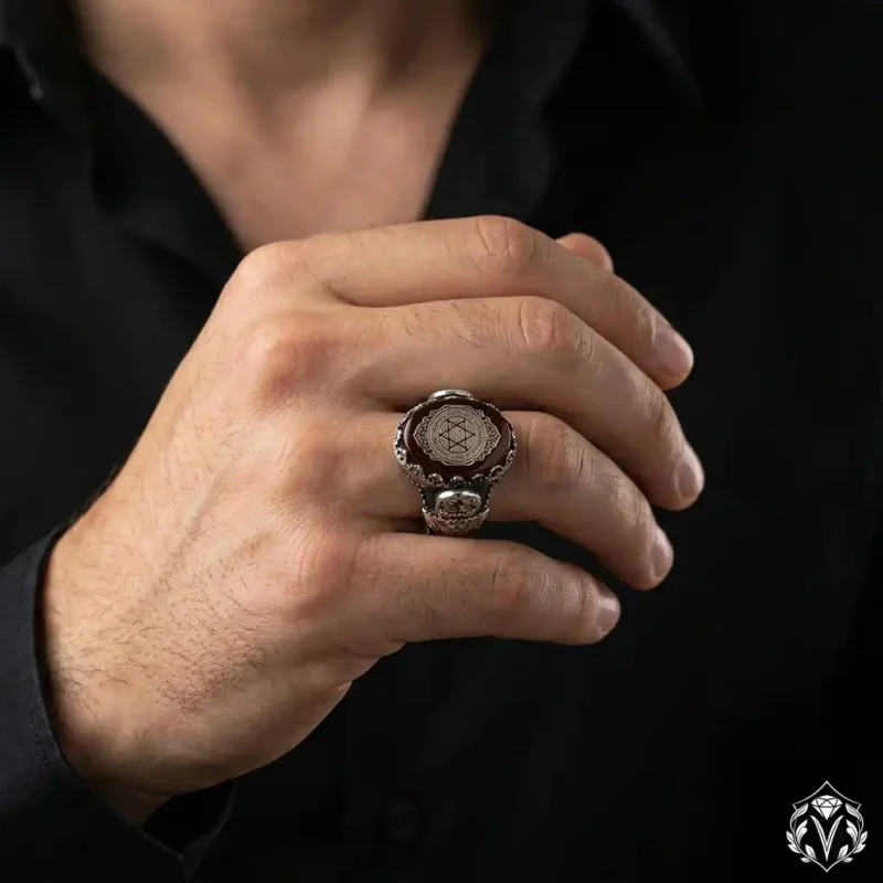 Süleyman Mührü Kırmızı Ateş Kehribarı Taşlı Gümüş Erkek Yüzük