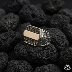 2 Sitrin Taşlı Mikro Taş Detaylı Gümüş Erkek Yüzük