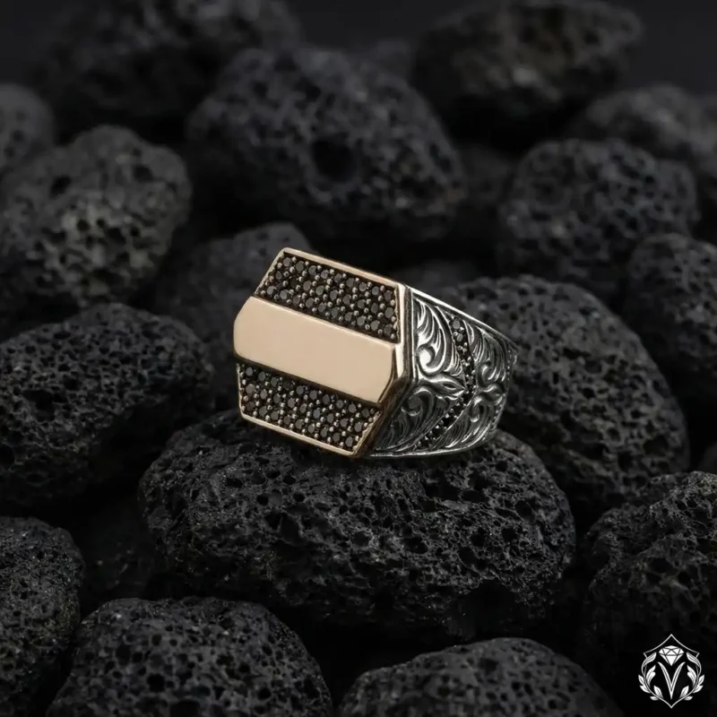 2 Sitrin Taşlı Mikro Taş Detaylı Gümüş Erkek Yüzük