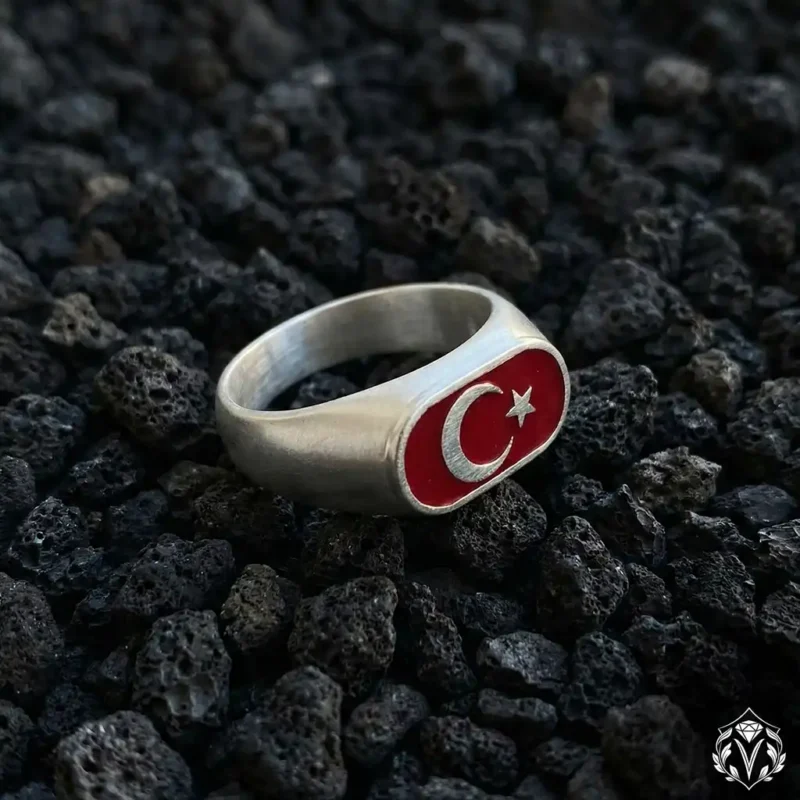 Ay Yıldızlı Sade Tasarım Gümüş Erkek Yüzük