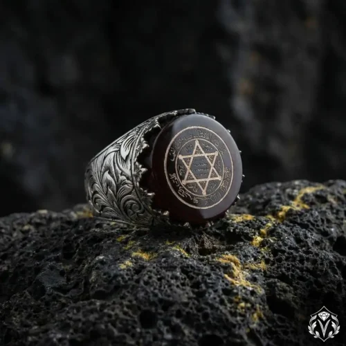 Kehribar Taşlı Süleyman Mührü Gümüş Yüzük