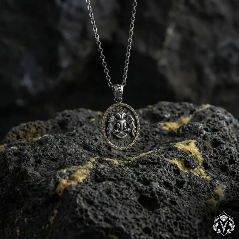 Strin Taşlı Selçuklu Kartalı Gümüş Kolye