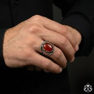 Yemen Akik Taşlı Gravürlü Gümüş Yüzük