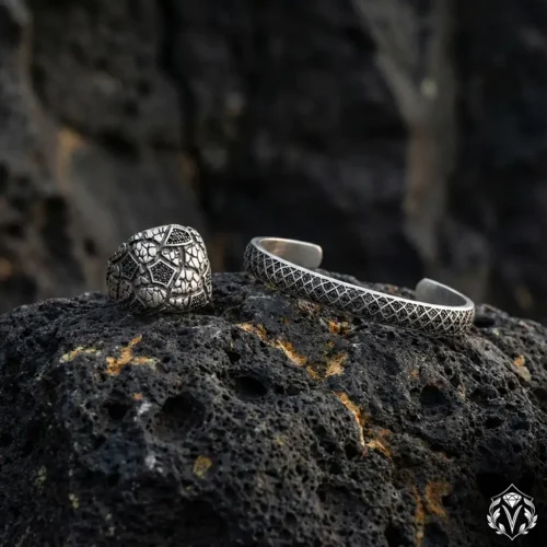 Mikro Taşlı Gümüş Erkek Yüzük ve Bileklik Set