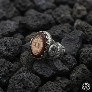 Süleyman Mührü Kırmızı Ateş Kehribarı Taşlı Gümüş Erkek Yüzük