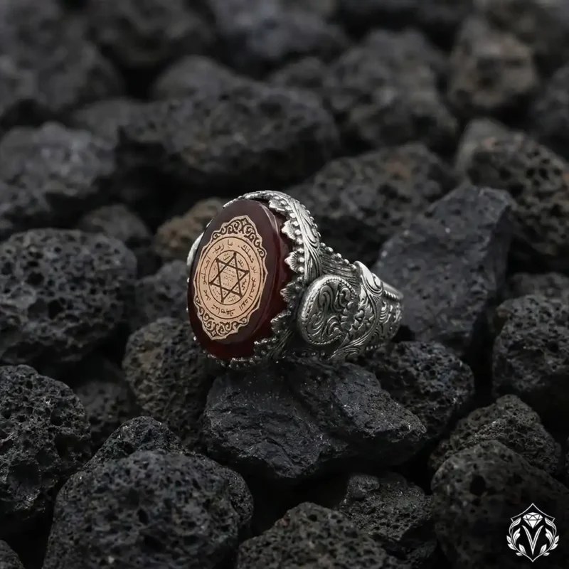 Süleyman Mührü Kırmızı Ateş Kehribarı Taşlı Gümüş Erkek Yüzük