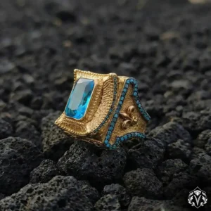 Mavi Taşlı Gold Kaplama Gümüş Yüzük