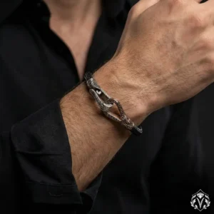 Örgü Deri & Gümüş Kilit Detaylı Erkek Bileklik