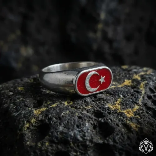 Ay Yıldızlı Sade Tasarım Gümüş Erkek Yüzük