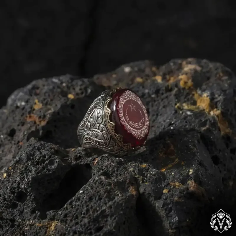 Ay Yıldızlı Taşlı Gümüş Yüzük