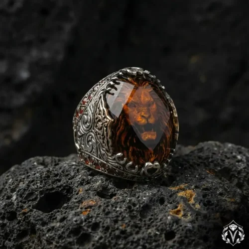 Aslan Figürlü Taşlı Gümüş Yüzük