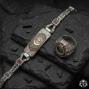 Ay Yıldızlı Gümüş Bileklik ve Yüzük Set