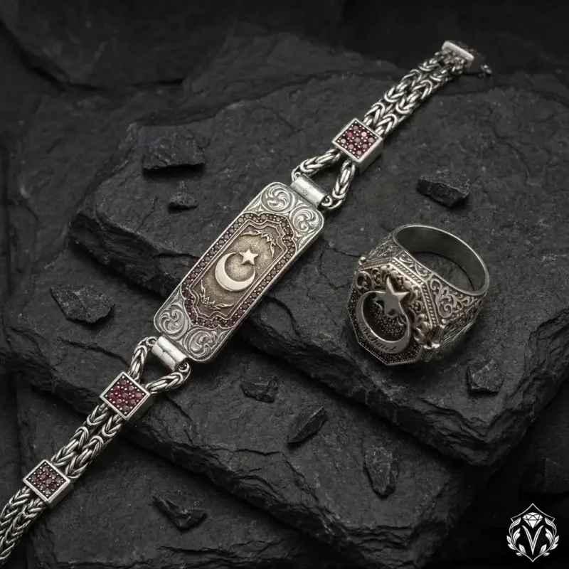 Ay Yıldızlı Gümüş Bileklik ve Yüzük Set