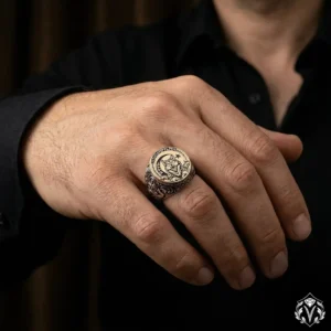 Göktürkçe Bozkurt ve Ay Yıldız Gümüş Yüzük