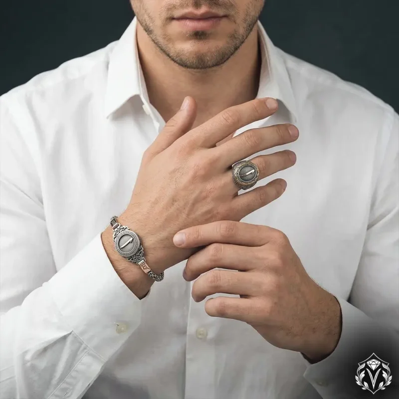 Elif Harfli Kişiye Özel Arapça İsimli Gümüş Bileklik ve Yüzük Seti