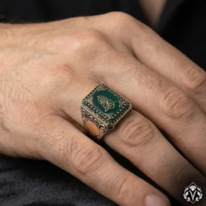 Hasbi Allah Yazılı Yeşil Taşlı Gümüş Yüzük